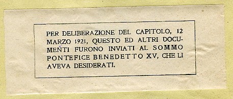 Targhetta sulle cartelle dei documenti trasferiti in Vaticano